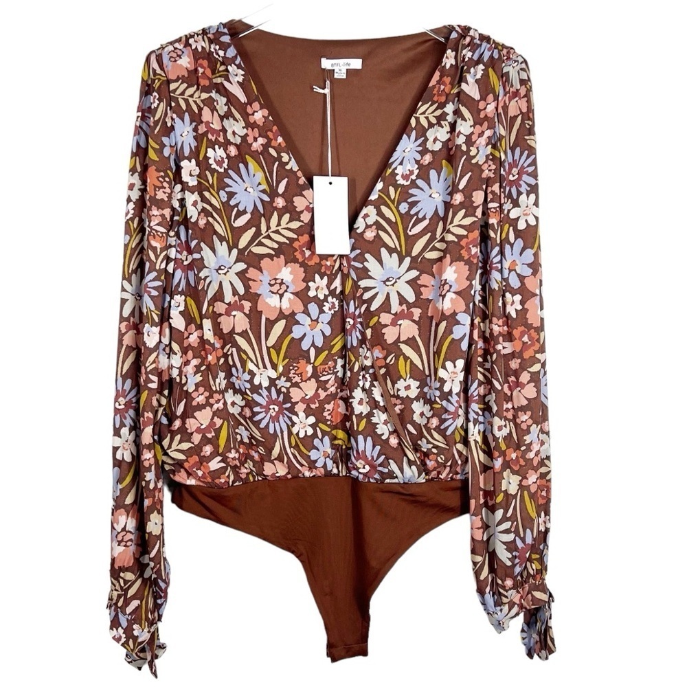 BTFL-life Brown Floral Wrap V-Neck Long Sleeve Body Suit Blouse XL